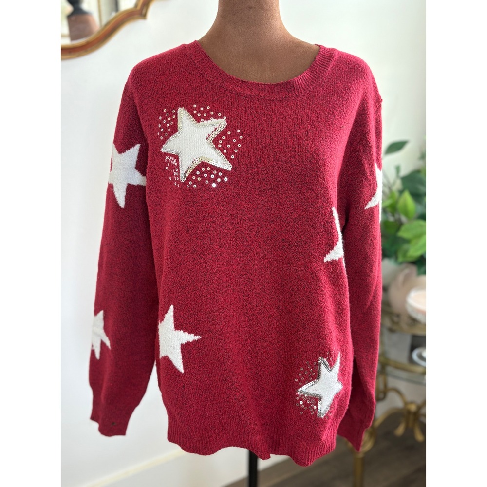 Holiday Time Womens Red Star Sequin Knit Sweater Holiday Christmas XXL